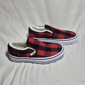 Vans Kids Red and Black Plaid Slip-On Sneakers